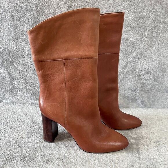 J.Crew Anya Mid Calf Stacked Boot Burnished Brown Leather Womens Size 12 - Picture 3 of 12